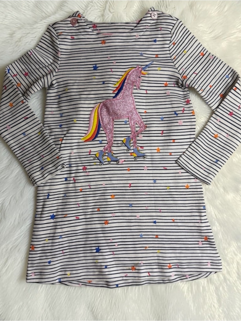 Joules Girls Striped Unicorn Dress, White & Blue, Girls 1Y | Like New